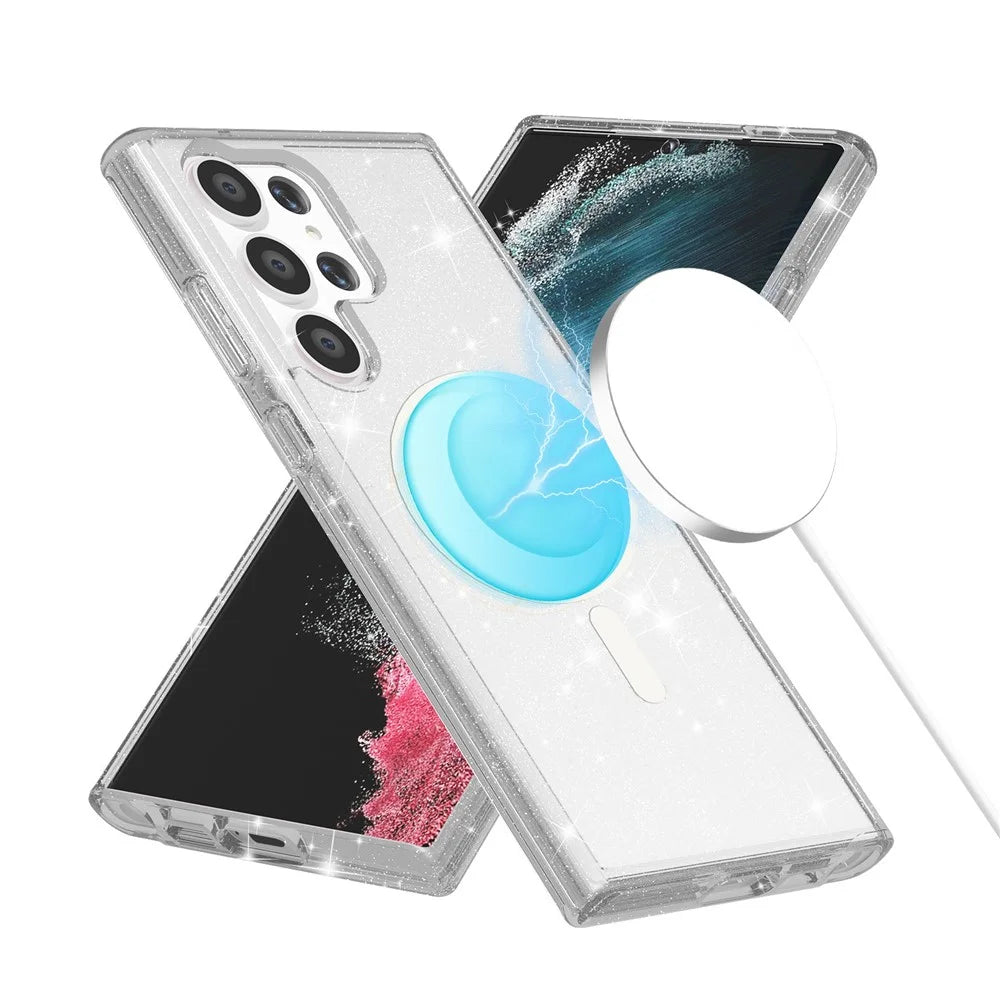 AMORUS For Samsung Galaxy S24 Ultra Magnetic Case Glitter Powder PC + TPU Phone Cover - White - 2