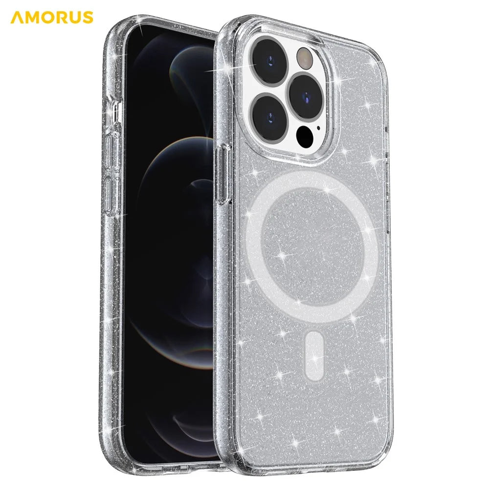 AMORUS Magnetic Case For iPhone 12 Pro  /  12 Compatible with MagSafe Glitter Powder PC + TPU Phone Cover - Black - 2