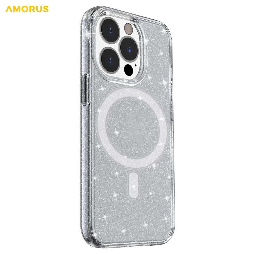 AMORUS Magnetic Case For iPhone 12 Pro  /  12 Compatible with MagSafe Glitter Powder PC + TPU Phone Cover - Black - 3