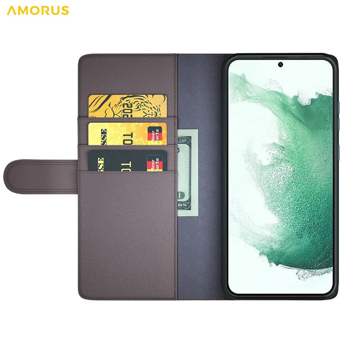 AMORUS For Samsung Galaxy S23+ Stand Cases Calf Texture Genuine Split Leather Wallet Phone Cover - Brown - 2