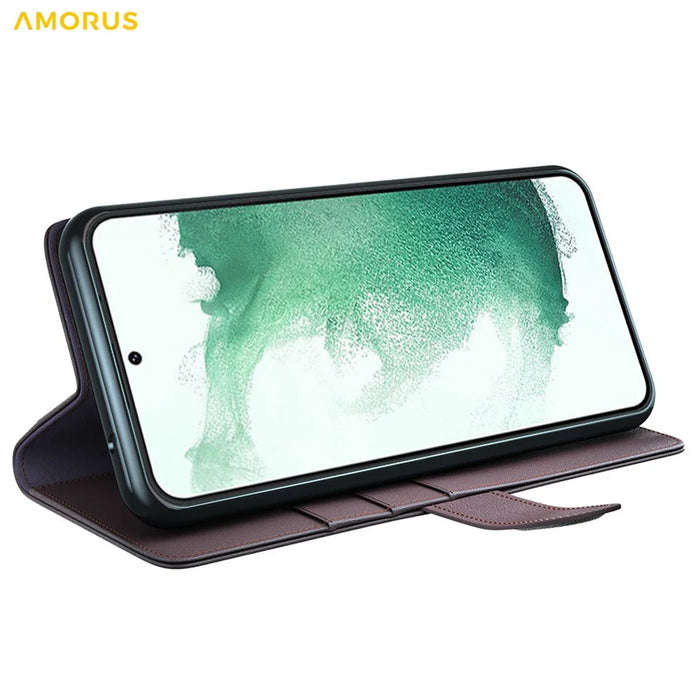 AMORUS For Samsung Galaxy S23+ Stand Cases Calf Texture Genuine Split Leather Wallet Phone Cover - Brown - 3