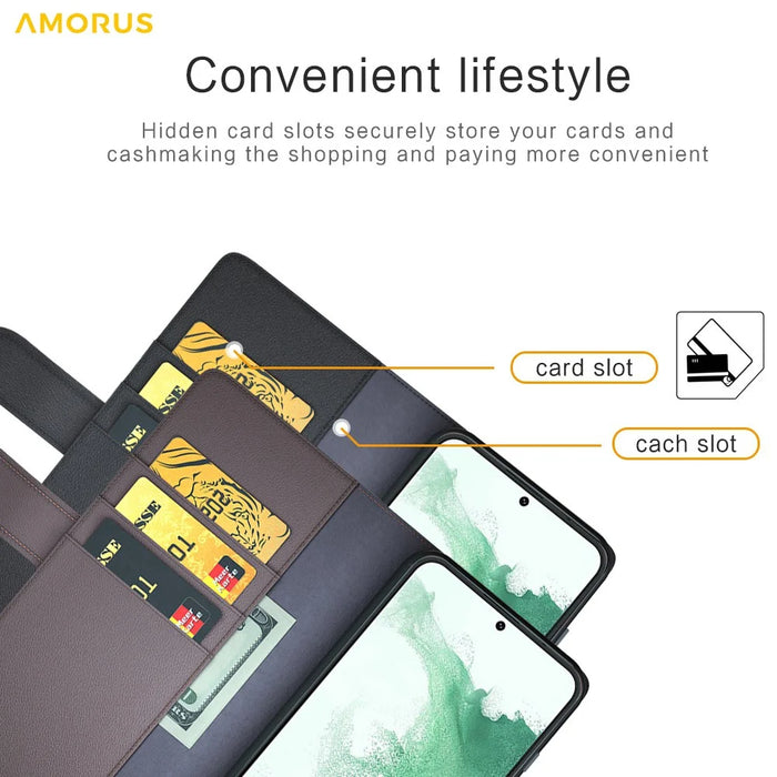 AMORUS For Samsung Galaxy S23+ Stand Cases Calf Texture Genuine Split Leather Wallet Phone Cover - Brown - 5
