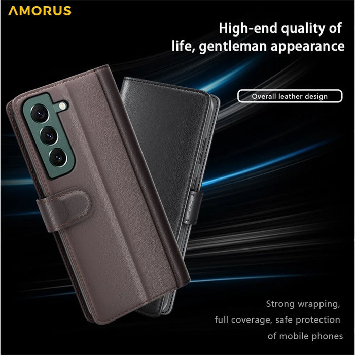 AMORUS For Samsung Galaxy S23+ Stand Cases Calf Texture Genuine Split Leather Wallet Phone Cover - Brown - 6