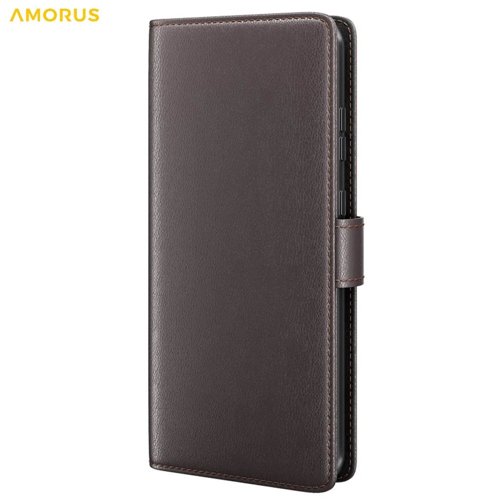 AMORUS For Samsung Galaxy S23+ Stand Cases Calf Texture Genuine Split Leather Wallet Phone Cover - Brown - 7