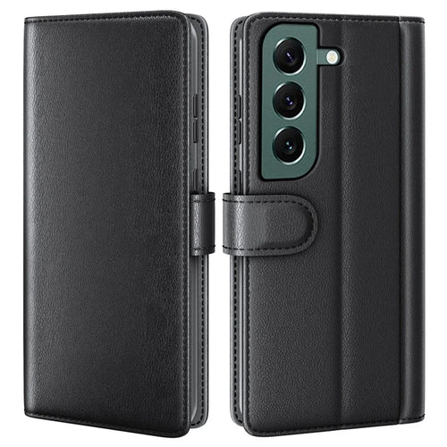 AMORUS For Samsung Galaxy S23 Stand Cases Calf Texture Genuine Split Leather Wallet Phone Cover - Black - 1