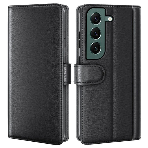 AMORUS For Samsung Galaxy S23 Stand Cases Calf Texture Genuine Split Leather Wallet Phone Cover - Black - 1