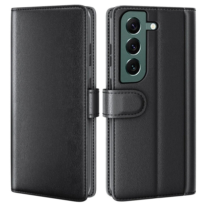 AMORUS For Samsung Galaxy S23 Stand Cases Calf Texture Genuine Split Leather Wallet Phone Cover - Black - 1