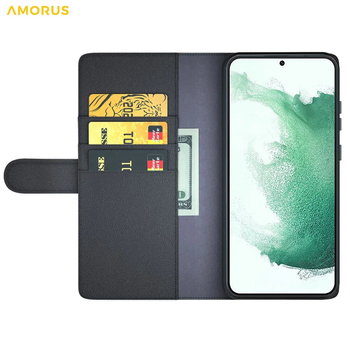 AMORUS For Samsung Galaxy S23 Stand Cases Calf Texture Genuine Split Leather Wallet Phone Cover - Black - 2