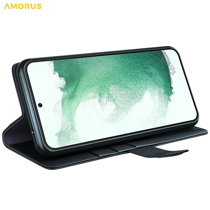 AMORUS For Samsung Galaxy S23 Stand Cases Calf Texture Genuine Split Leather Wallet Phone Cover - Black - 3