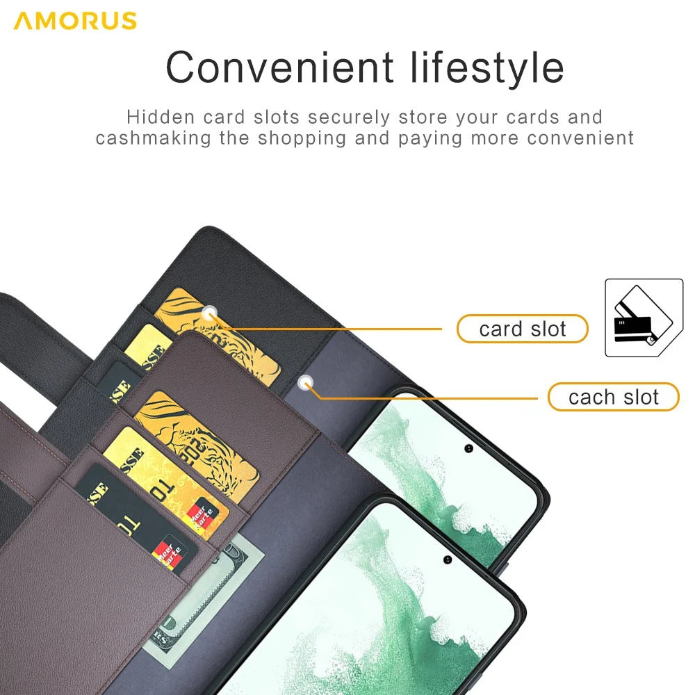 AMORUS For Samsung Galaxy S23 Stand Cases Calf Texture Genuine Split Leather Wallet Phone Cover - Black - 5