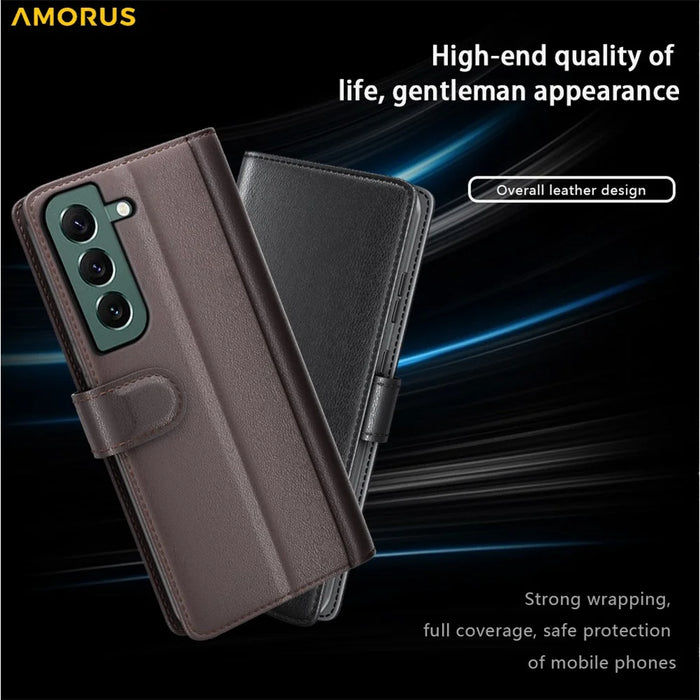 AMORUS For Samsung Galaxy S23 Stand Cases Calf Texture Genuine Split Leather Wallet Phone Cover - Black - 6