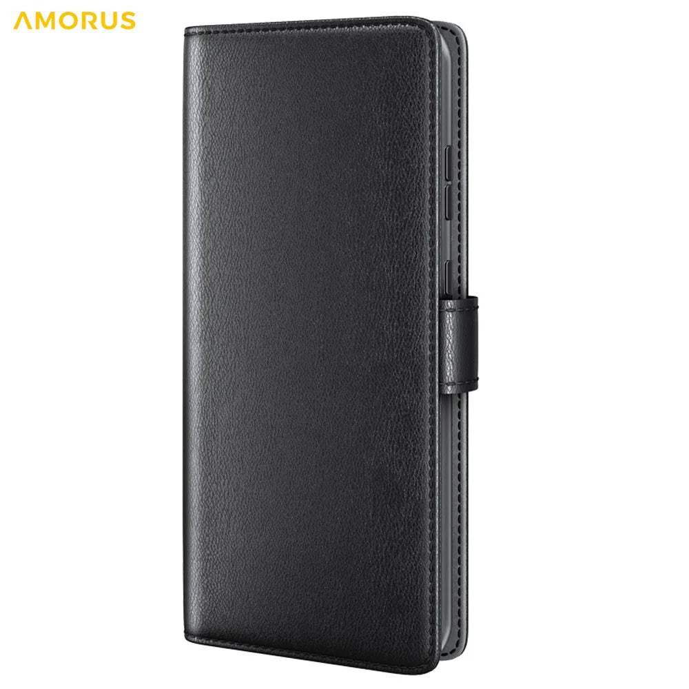 AMORUS For Samsung Galaxy S23 Stand Cases Calf Texture Genuine Split Leather Wallet Phone Cover - Black - 7