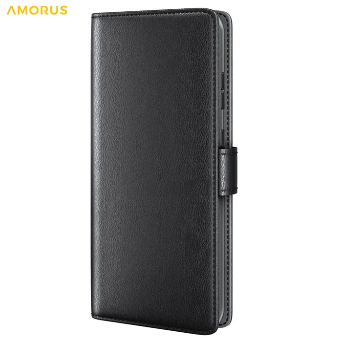 AMORUS For Samsung Galaxy S23 Stand Cases Calf Texture Genuine Split Leather Wallet Phone Cover - Black - 7