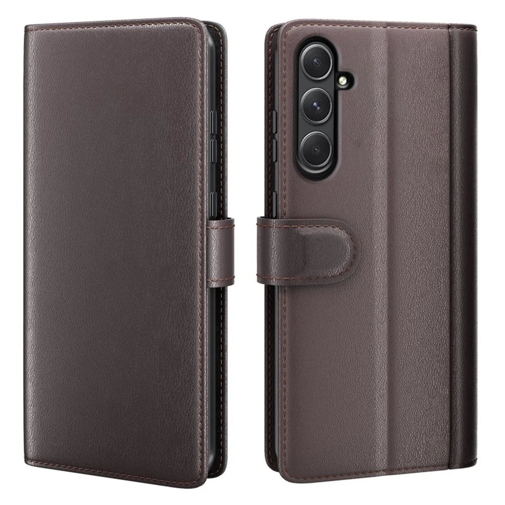 AMORUS For Samsung Galaxy A55 5G Stand Cases Calf Texture Genuine Split Leather Wallet Phone Cover - Brown - 1