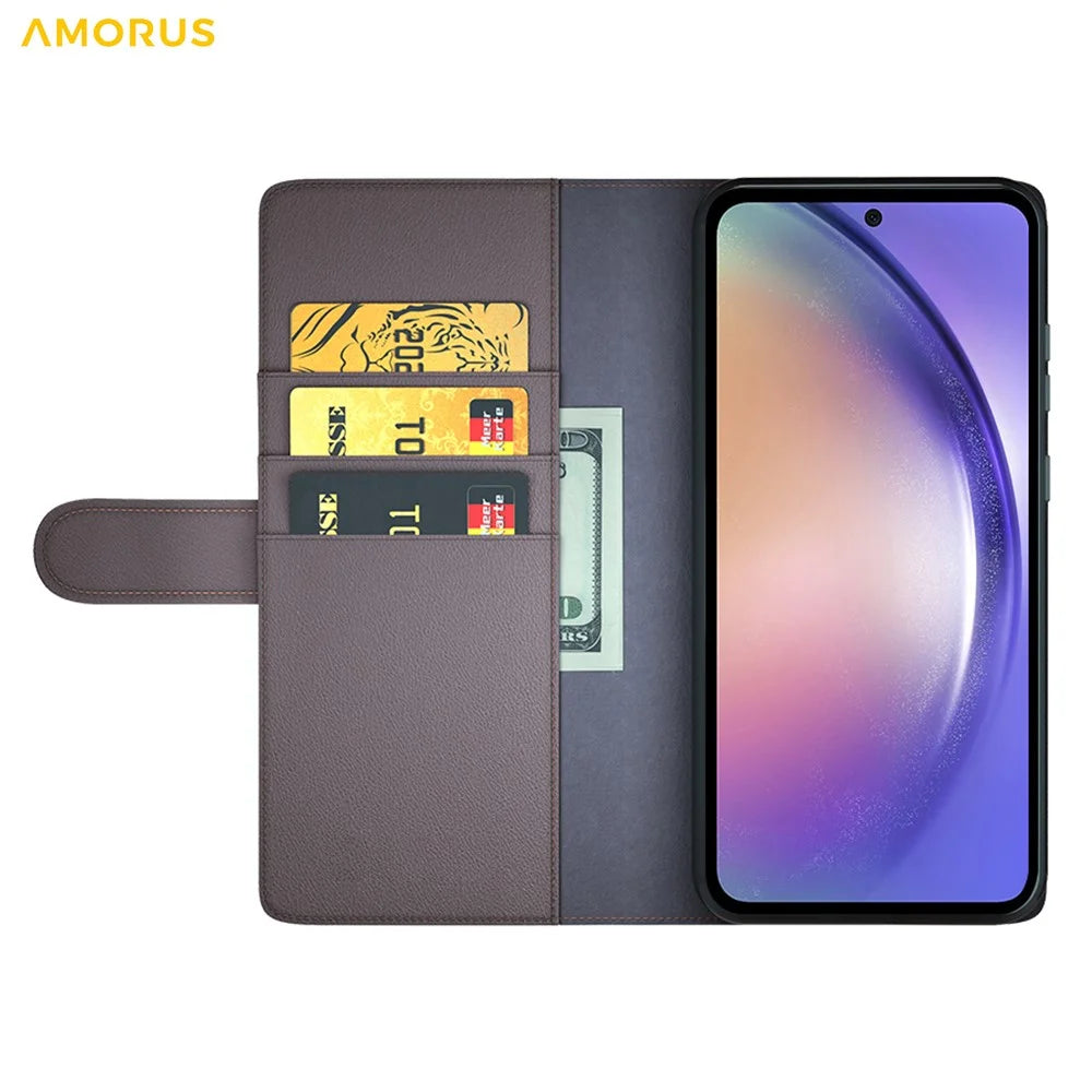 AMORUS For Samsung Galaxy A55 5G Stand Cases Calf Texture Genuine Split Leather Wallet Phone Cover - Brown - 2