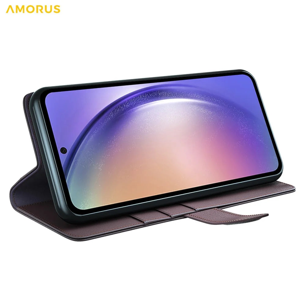 AMORUS For Samsung Galaxy A55 5G Stand Cases Calf Texture Genuine Split Leather Wallet Phone Cover - Brown - 3