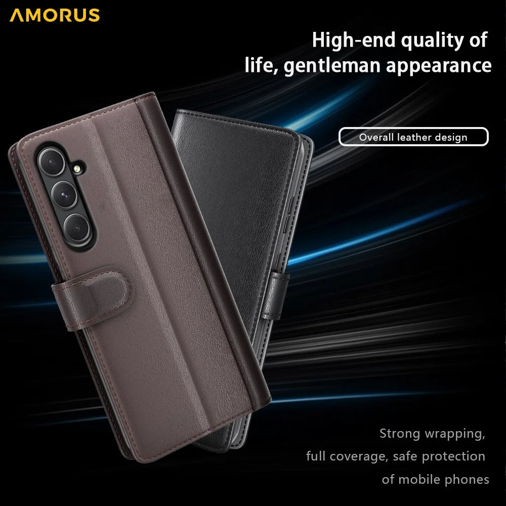AMORUS For Samsung Galaxy A55 5G Stand Cases Calf Texture Genuine Split Leather Wallet Phone Cover - Brown - 4