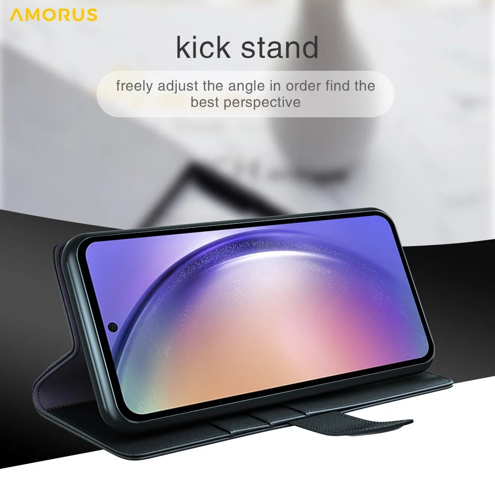 AMORUS For Samsung Galaxy A55 5G Stand Cases Calf Texture Genuine Split Leather Wallet Phone Cover - Brown - 7