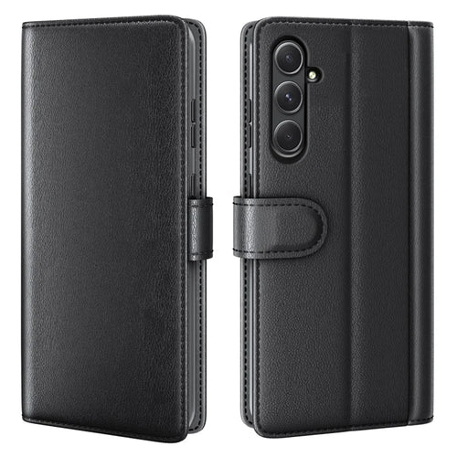 AMORUS For Samsung Galaxy A35 5G Stand Cases Calf Texture Genuine Split Leather Wallet Phone Cover - Black - 1