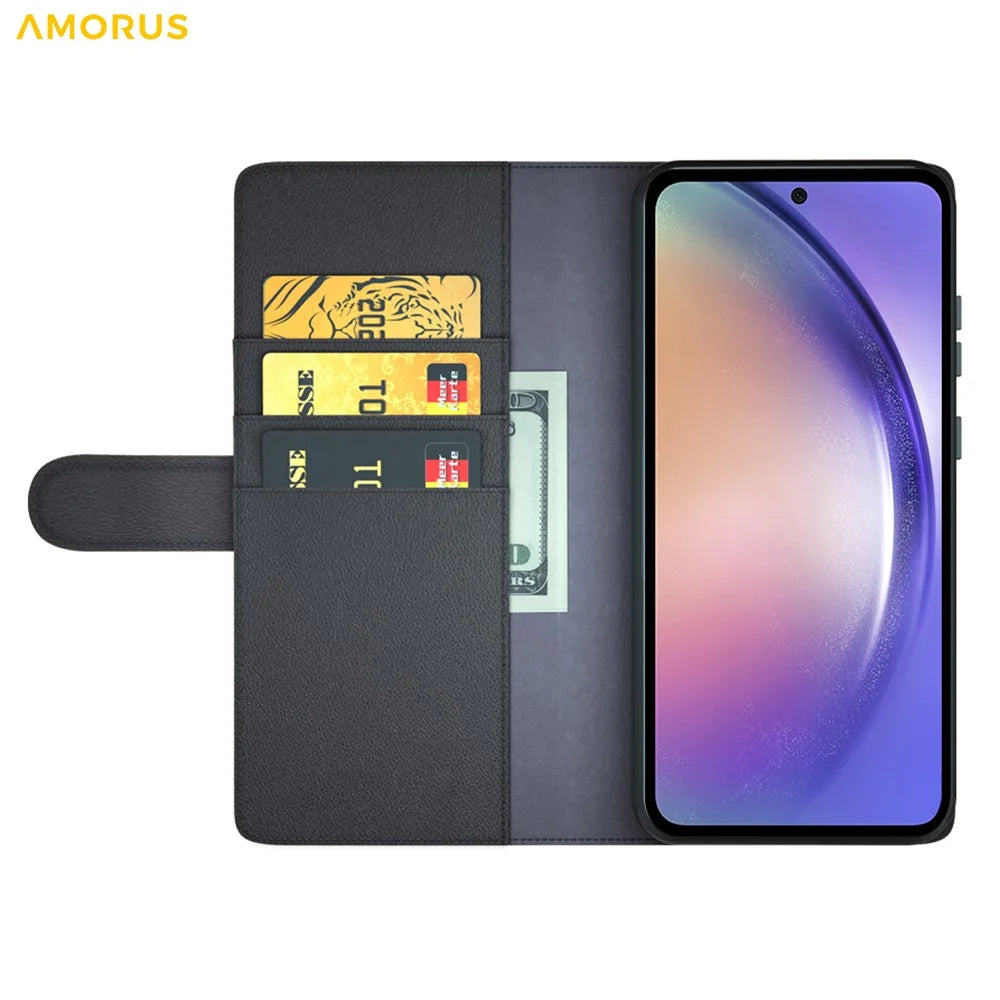 AMORUS For Samsung Galaxy A35 5G Stand Cases Calf Texture Genuine Split Leather Wallet Phone Cover - Black - 2