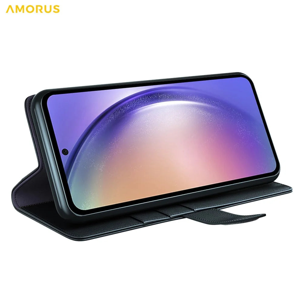 AMORUS For Samsung Galaxy A35 5G Stand Cases Calf Texture Genuine Split Leather Wallet Phone Cover - Black - 3