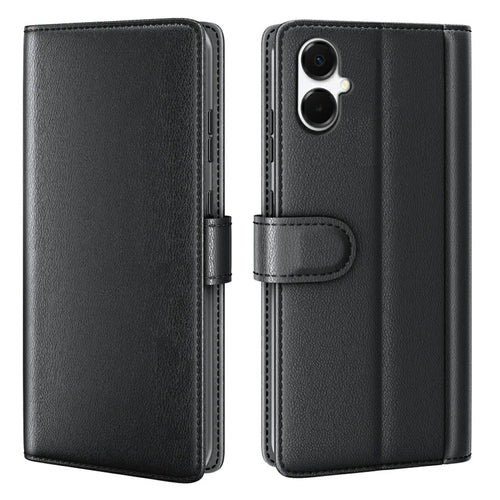 AMORUS For Samsung Galaxy A08 5G / A08 4G / A07 4G Stand Cases Calf Texture Genuine Split Leather Wallet Phone Cover - Black - 1