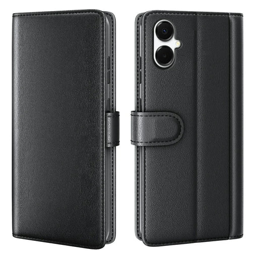 AMORUS For Samsung Galaxy A08 5G / A08 4G / A07 4G Stand Cases Calf Texture Genuine Split Leather Wallet Phone Cover - Black - 1
