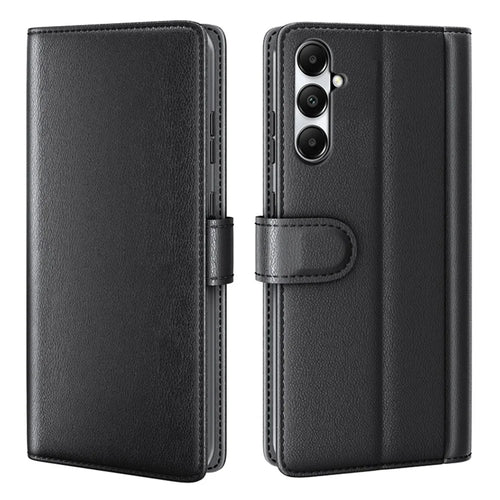 AMORUS For Samsung Galaxy A05s 4G Stand Cases Calf Texture Genuine Split Leather Wallet Phone Cover - Black - 1