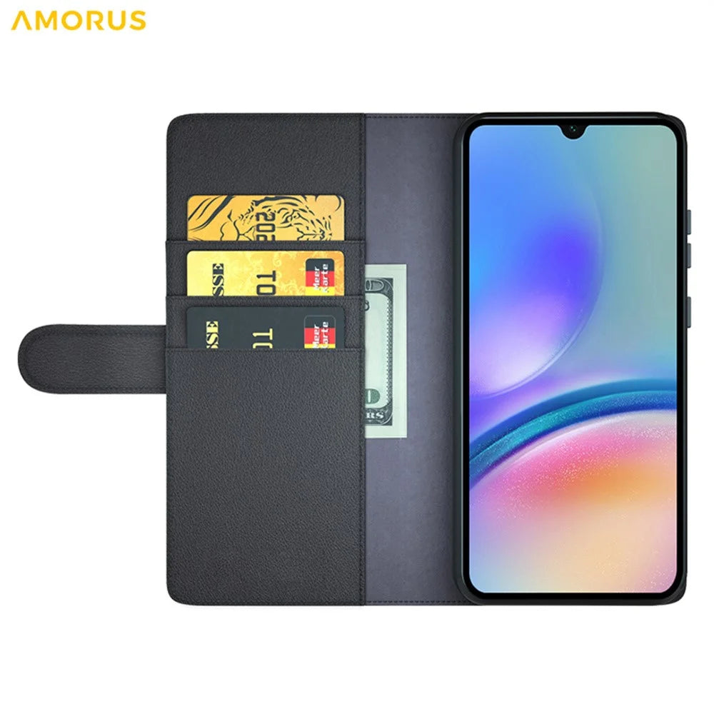 AMORUS For Samsung Galaxy A05s 4G Stand Cases Calf Texture Genuine Split Leather Wallet Phone Cover - Black - 2
