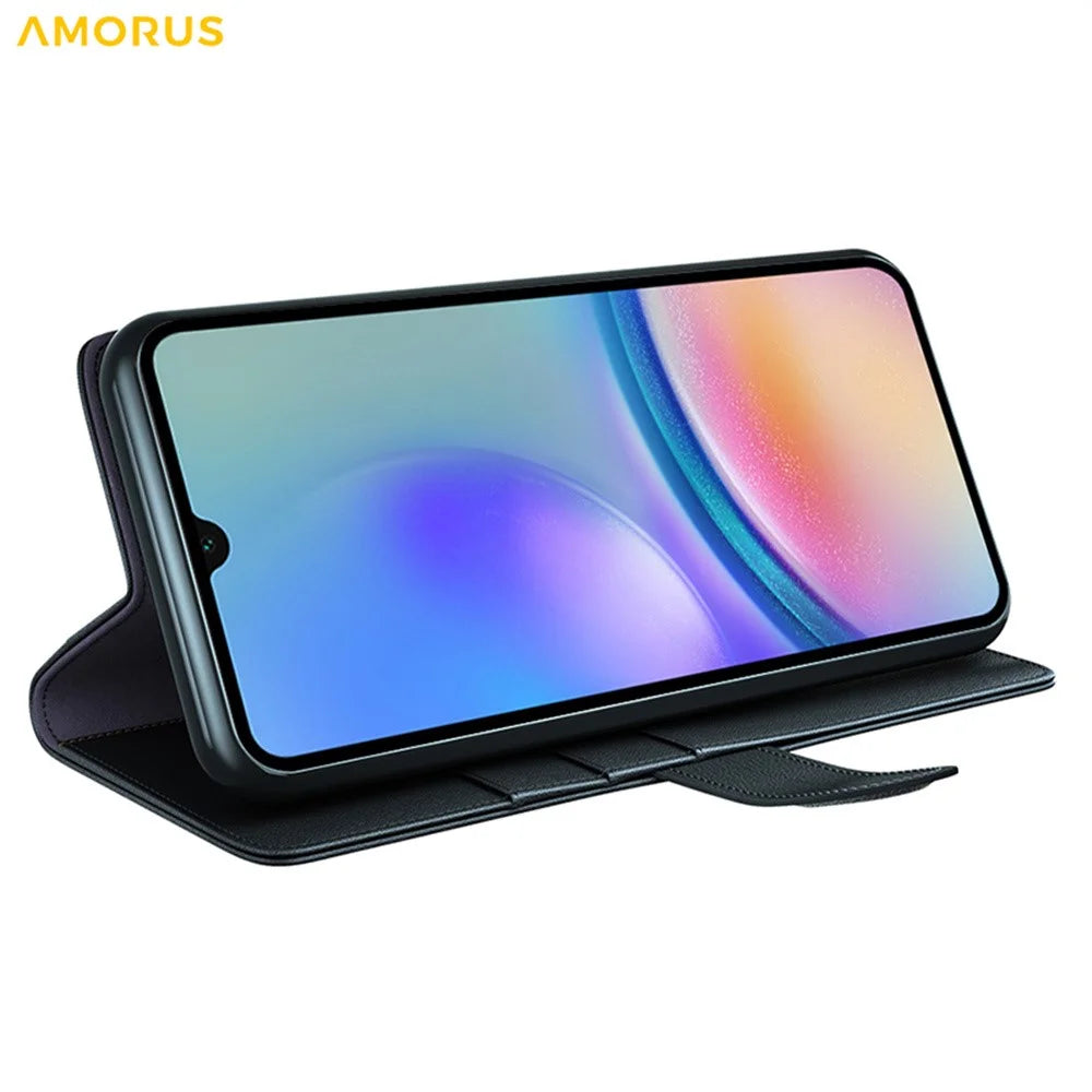 AMORUS For Samsung Galaxy A05s 4G Stand Cases Calf Texture Genuine Split Leather Wallet Phone Cover - Black - 3