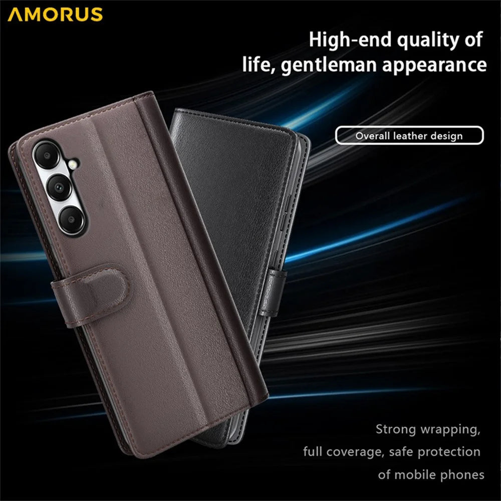 AMORUS For Samsung Galaxy A05s 4G Stand Cases Calf Texture Genuine Split Leather Wallet Phone Cover - Black - 4