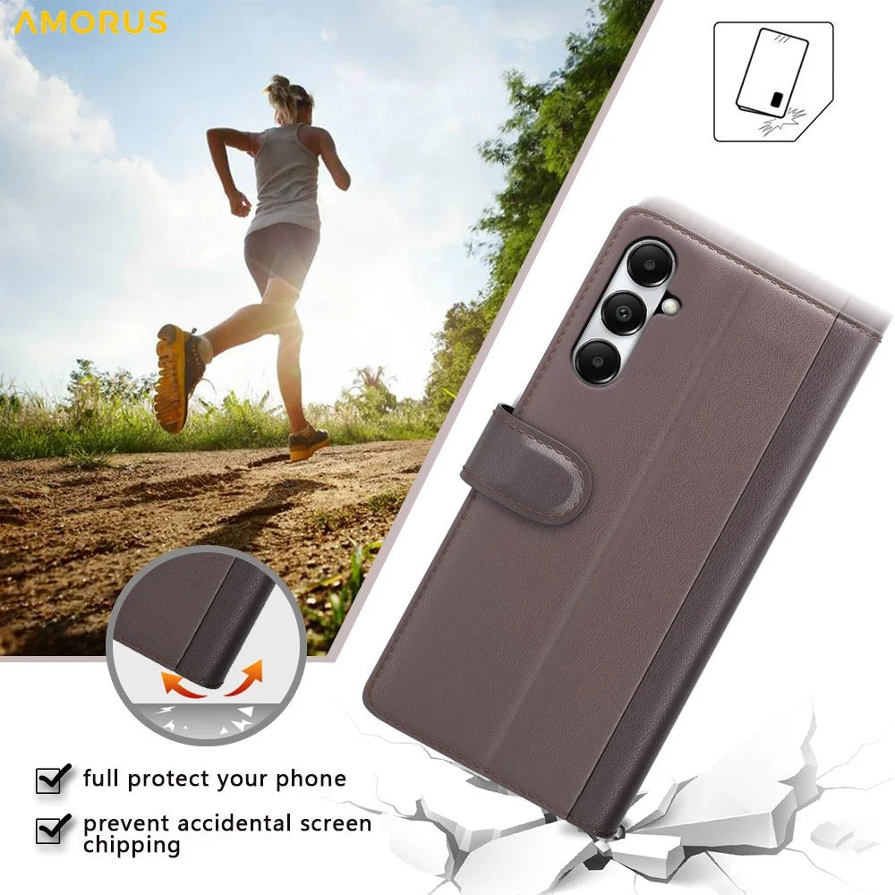 AMORUS For Samsung Galaxy A05s 4G Stand Cases Calf Texture Genuine Split Leather Wallet Phone Cover - Black - 6