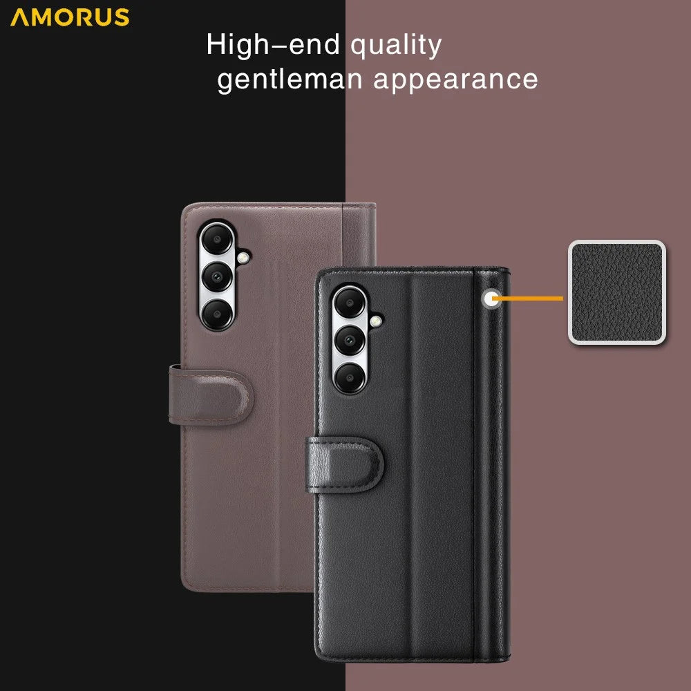AMORUS For Samsung Galaxy A05s 4G Stand Cases Calf Texture Genuine Split Leather Wallet Phone Cover - Black - 7
