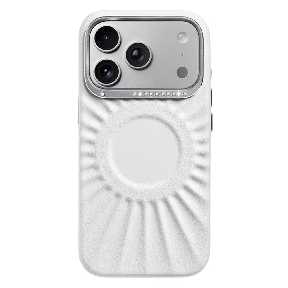 JAUCASE For iPhone 17 Pro Max Case Compatible with MagSafe Rhinestone Decor Metal Lens Frame PU + TPU Phone Back Cover - White - 1
