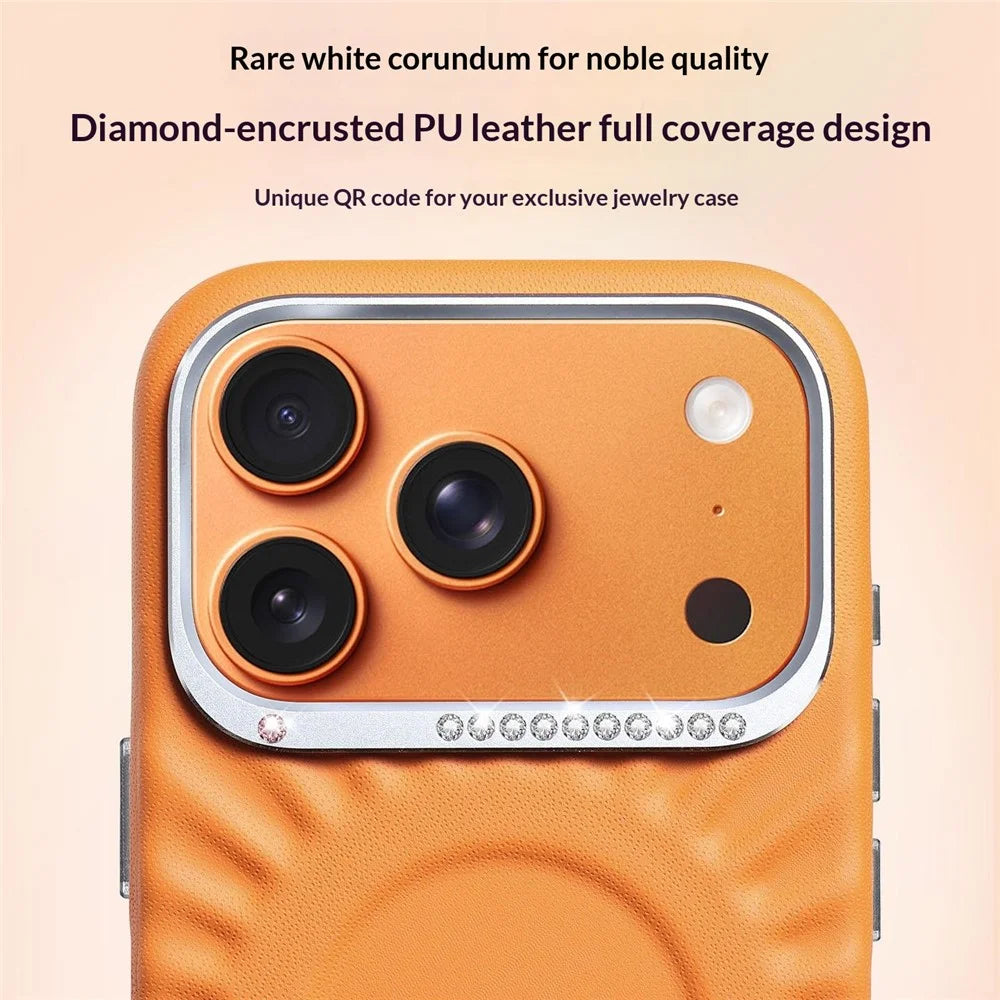 JAUCASE For iPhone 17 Pro Max Case Compatible with MagSafe Rhinestone Decor Metal Lens Frame PU + TPU Phone Back Cover - White - 2