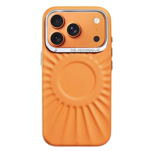JAUCASE For iPhone 17 Pro Case Compatible with MagSafe Rhinestone Decor Metal Lens Frame PU + TPU Phone Back Cover - Orange - 1