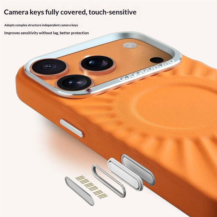JAUCASE For iPhone 17 Pro Case Compatible with MagSafe Rhinestone Decor Metal Lens Frame PU + TPU Phone Back Cover - Orange - 3