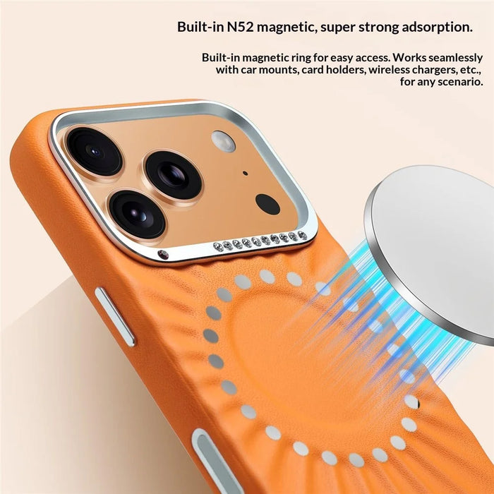 JAUCASE For iPhone 17 Pro Case Compatible with MagSafe Rhinestone Decor Metal Lens Frame PU + TPU Phone Back Cover - Orange - 6