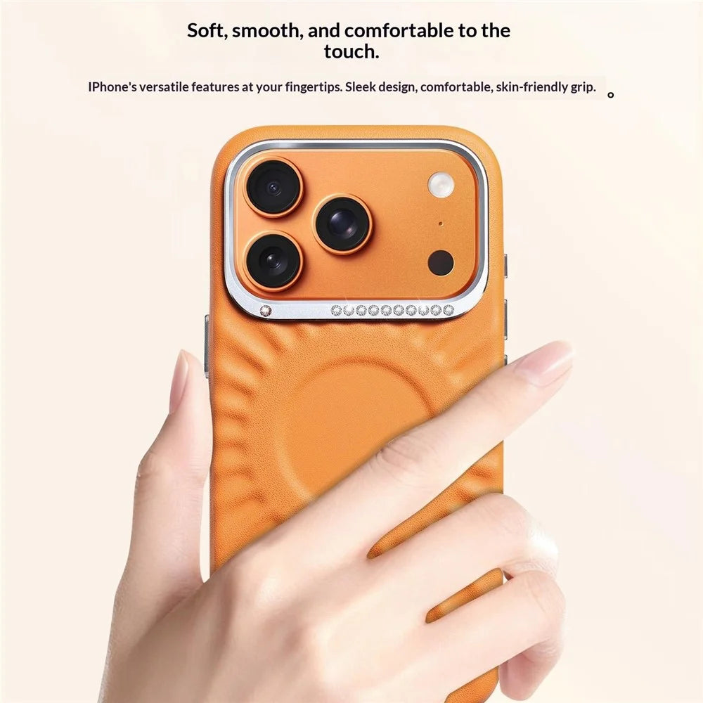 JAUCASE For iPhone 17 Pro Case Compatible with MagSafe Rhinestone Decor Metal Lens Frame PU + TPU Phone Back Cover - Orange - 7