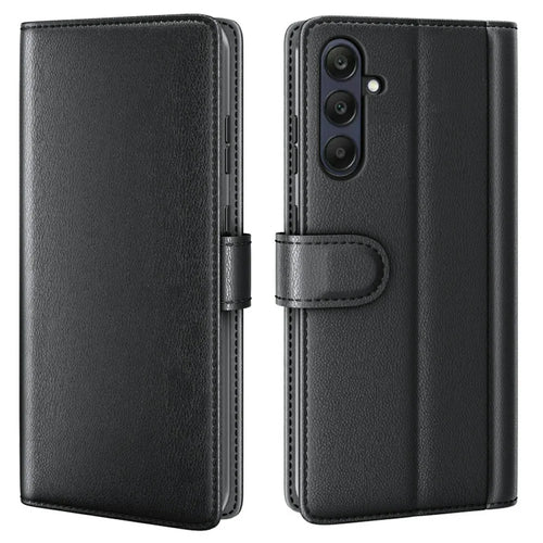 AMORUS For Samsung Galaxy S23 FE Stand Cases Calf Texture Genuine Split Leather Wallet Phone Cover - Black - 1