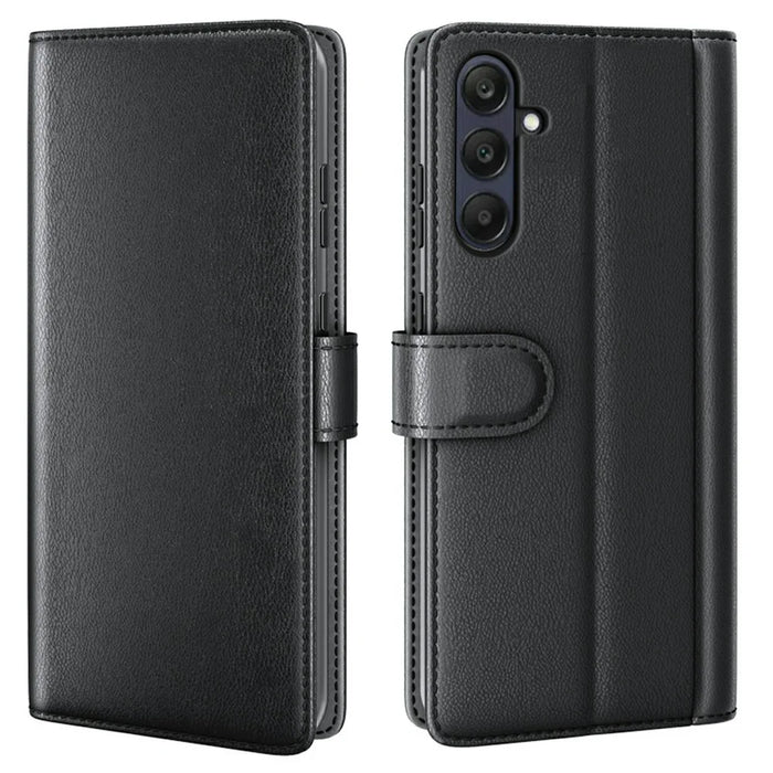 AMORUS For Samsung Galaxy S23 FE Stand Cases Calf Texture Genuine Split Leather Wallet Phone Cover - Black - 1