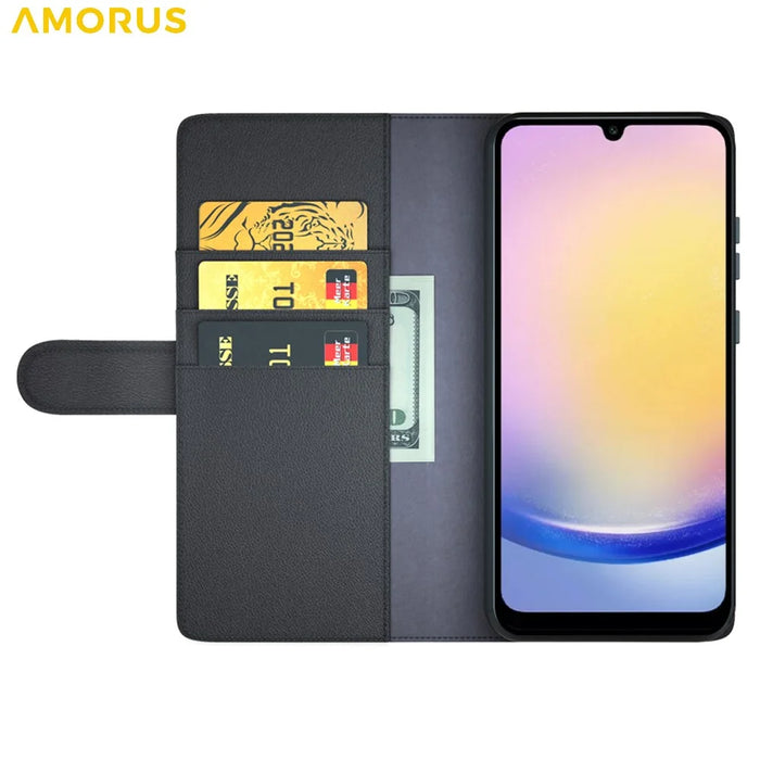 AMORUS For Samsung Galaxy S23 FE Stand Cases Calf Texture Genuine Split Leather Wallet Phone Cover - Black - 2
