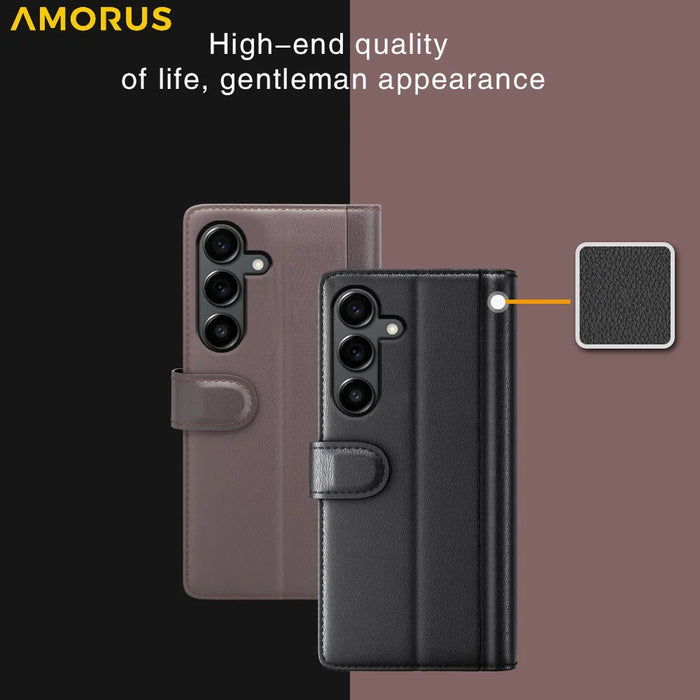 AMORUS For Samsung Galaxy S23 FE Stand Cases Calf Texture Genuine Split Leather Wallet Phone Cover - Black - 5