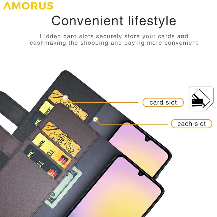 AMORUS For Samsung Galaxy S23 FE Stand Cases Calf Texture Genuine Split Leather Wallet Phone Cover - Black - 7