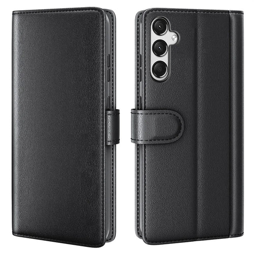 AMORUS For Samsung Galaxy A25 5G (Global) (161mm) Stand Cases Calf Texture Genuine Split Leather Wallet Phone Cover - Black - 1
