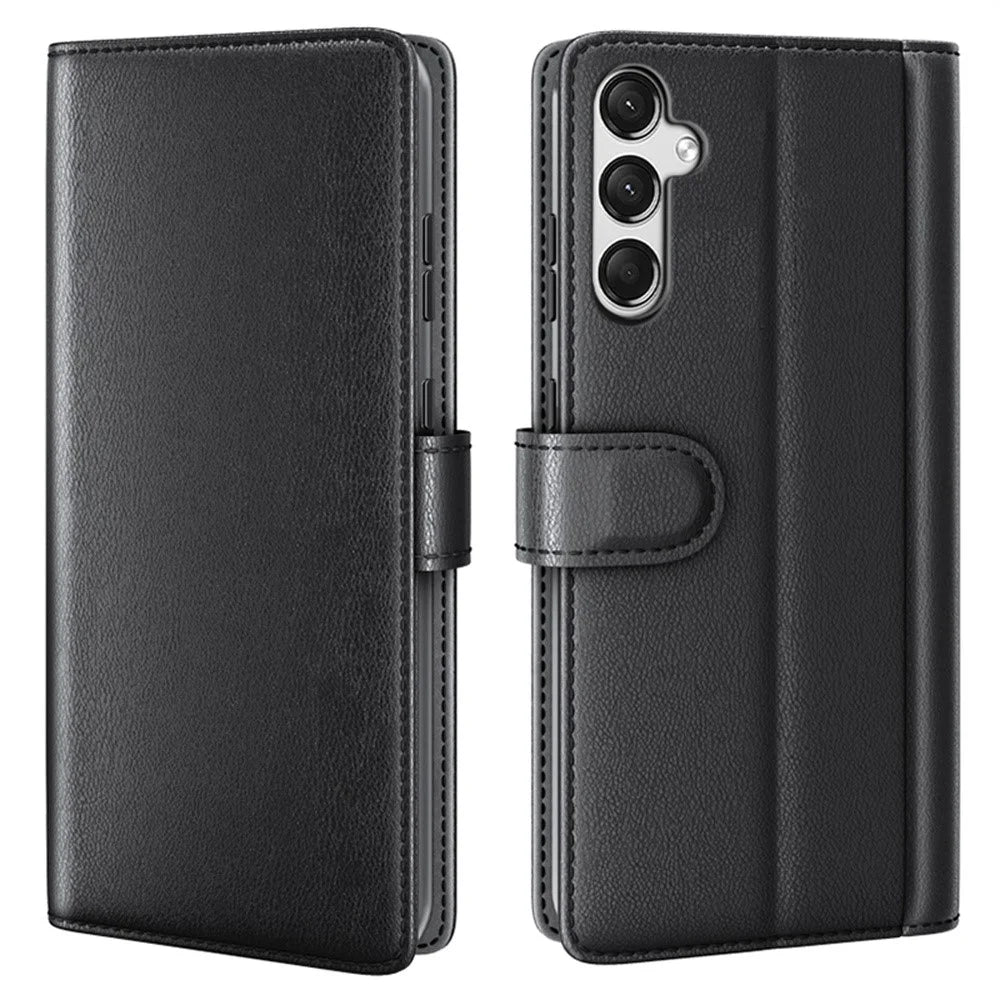 AMORUS For Samsung Galaxy A25 5G (Global) (161mm) Stand Cases Calf Texture Genuine Split Leather Wallet Phone Cover - Black - 1