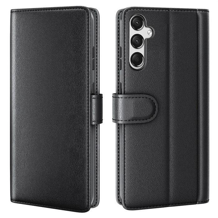 AMORUS For Samsung Galaxy A25 5G (Global) (161mm) Stand Cases Calf Texture Genuine Split Leather Wallet Phone Cover - Black - 1