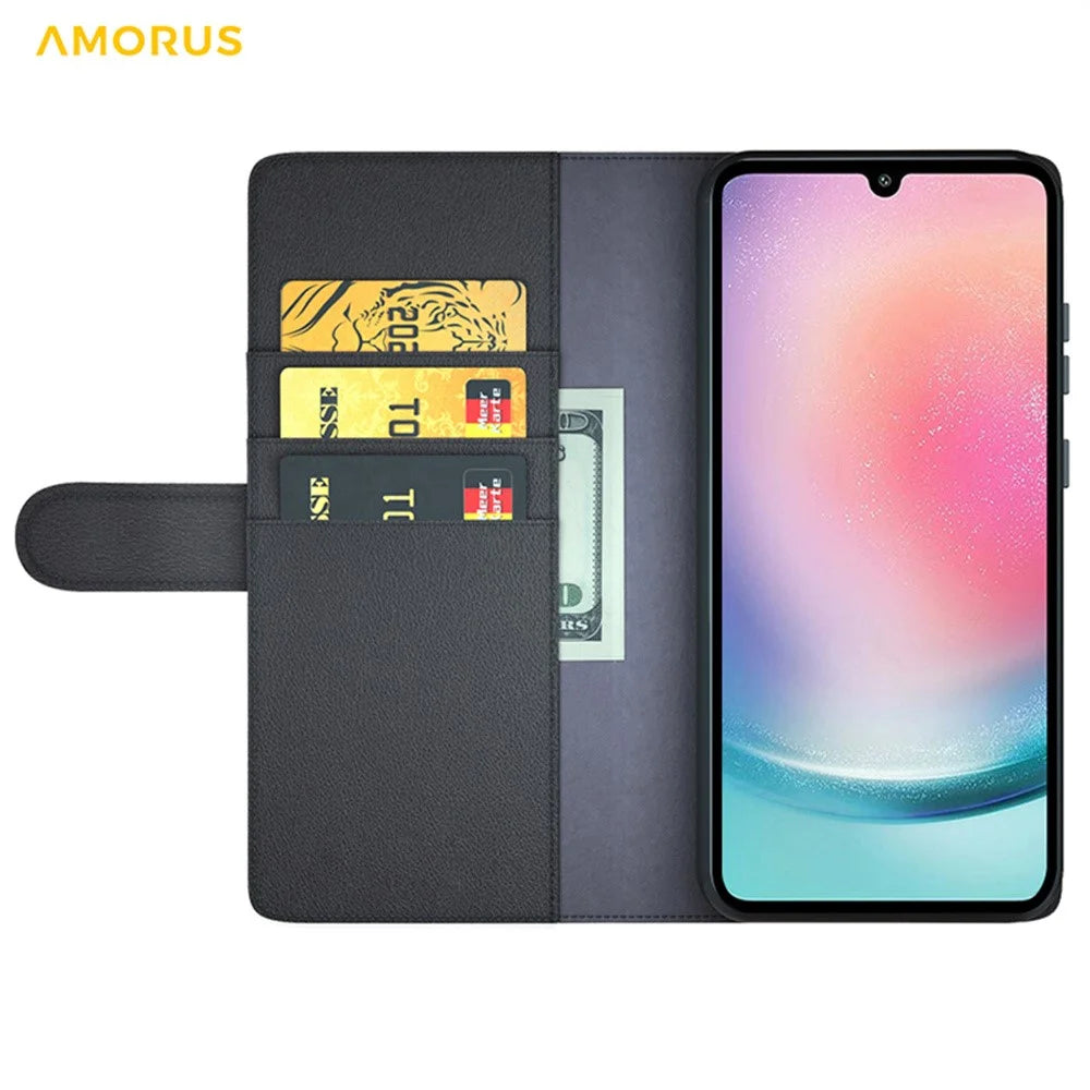 AMORUS For Samsung Galaxy A25 5G (Global) (161mm) Stand Cases Calf Texture Genuine Split Leather Wallet Phone Cover - Black - 2