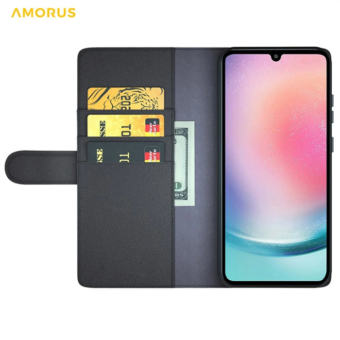 AMORUS For Samsung Galaxy A25 5G (Global) (161mm) Stand Cases Calf Texture Genuine Split Leather Wallet Phone Cover - Black - 2