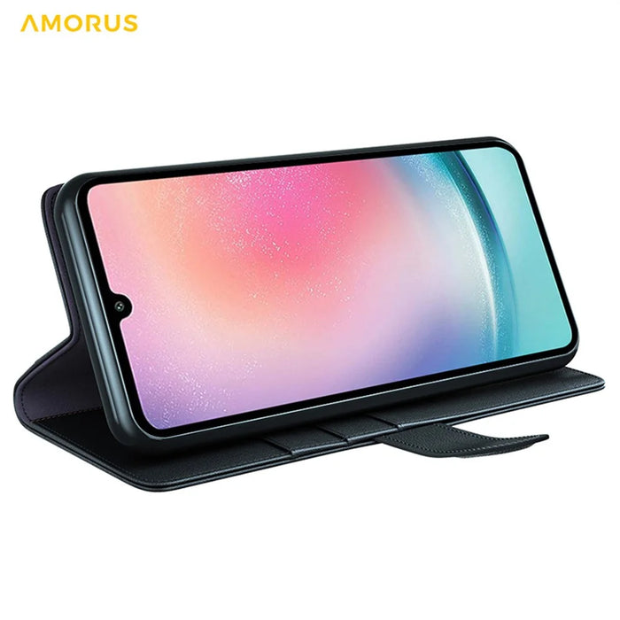 AMORUS For Samsung Galaxy A25 5G (Global) (161mm) Stand Cases Calf Texture Genuine Split Leather Wallet Phone Cover - Black - 3